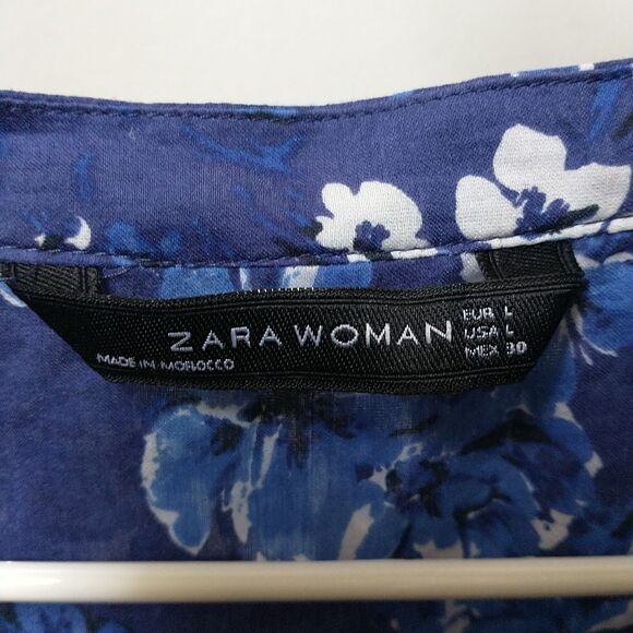 Zara Top Blouse Tunic Woman L/M*Blue Floral Silk Blend Long Sleeve Keyhole - Picture 9 of 11